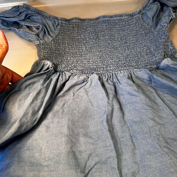 Torrid Babydoll Chambray Mini Dress Women Crinkle  Smocked Off Shoulder A Line - Picture 6 of 16